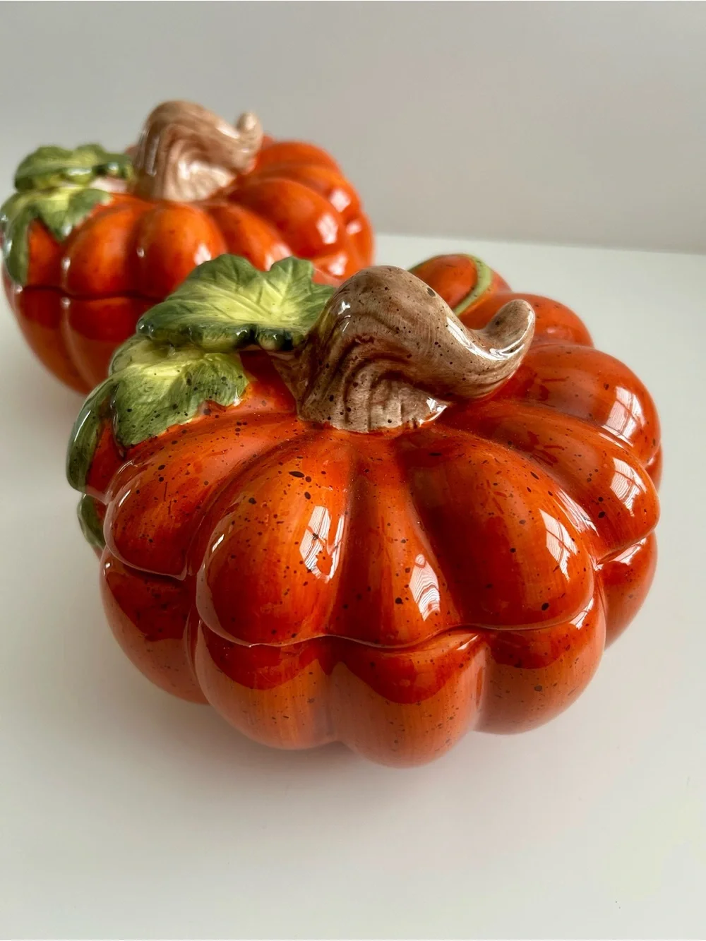 2 Glossy Ceramic Pumpkin Soup Bowl with Green Leaf Accent